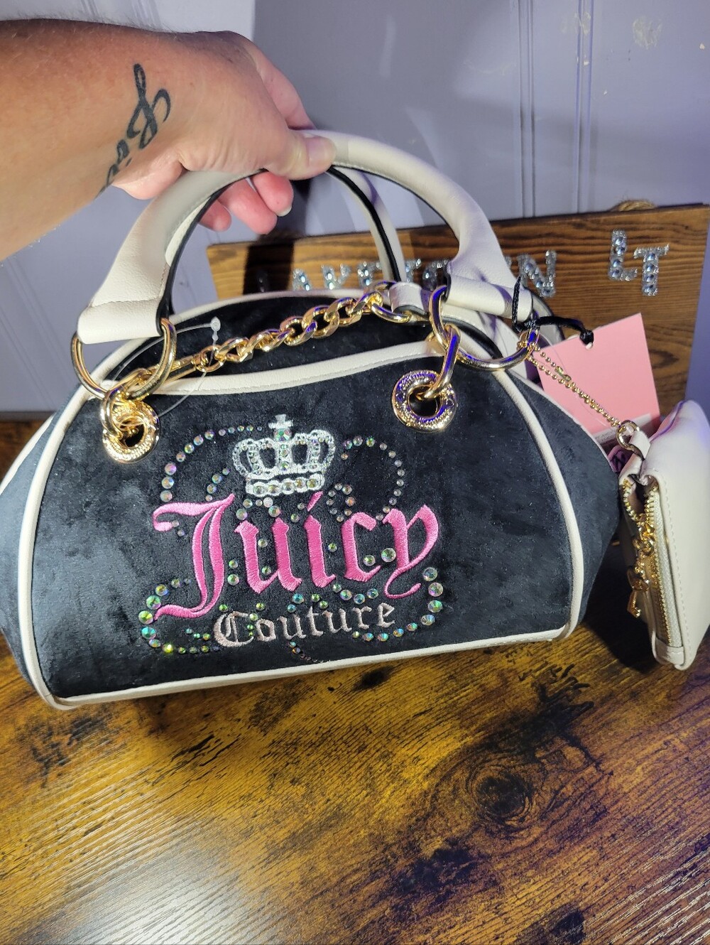 Juicy Couture Black Velvet Satchel with Cream Trim & Pink Logo rhinestones